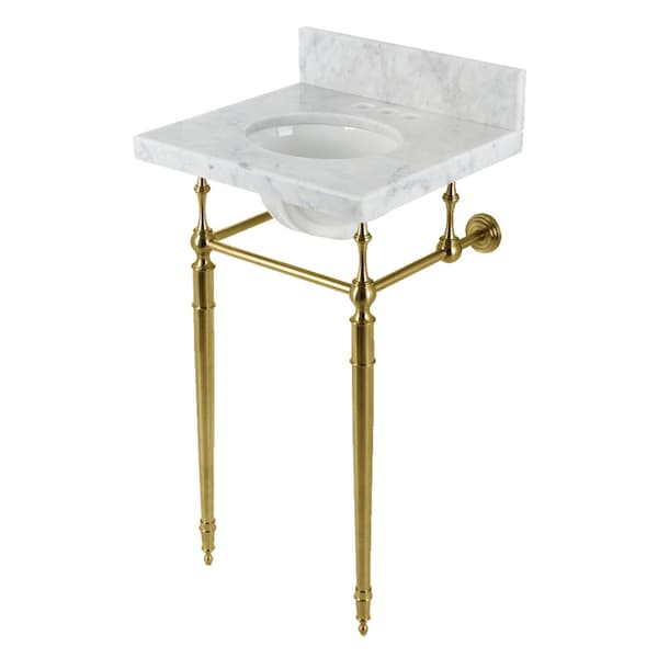 Kingston Brass 19 Carrara Marble Console Sink with Brass Legs 4 Faucet Drillings, Marble WhiteBrushed Brass KVPB1917M347ST - main